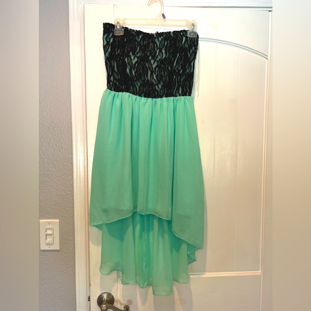 High/Low mint green dress with black lace.